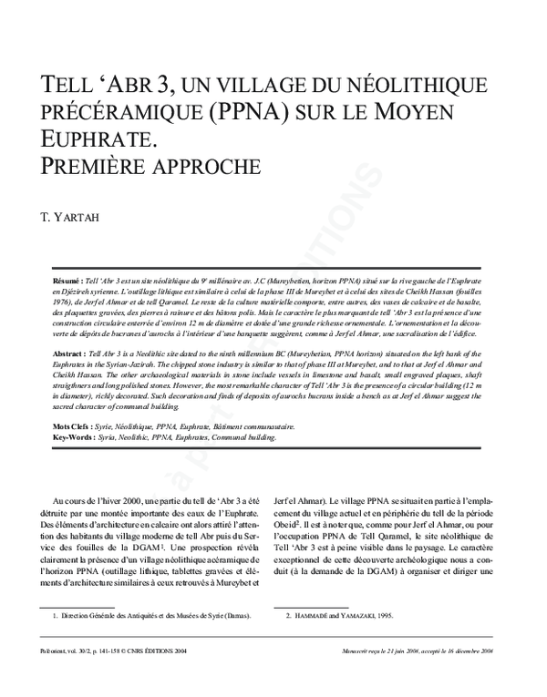 (PDF) TELL 'ABR 3, UN VILLAGE DU NÉOLITHIQUE PRÉCÉRAMIQUE (PPNA) SUR LE ...