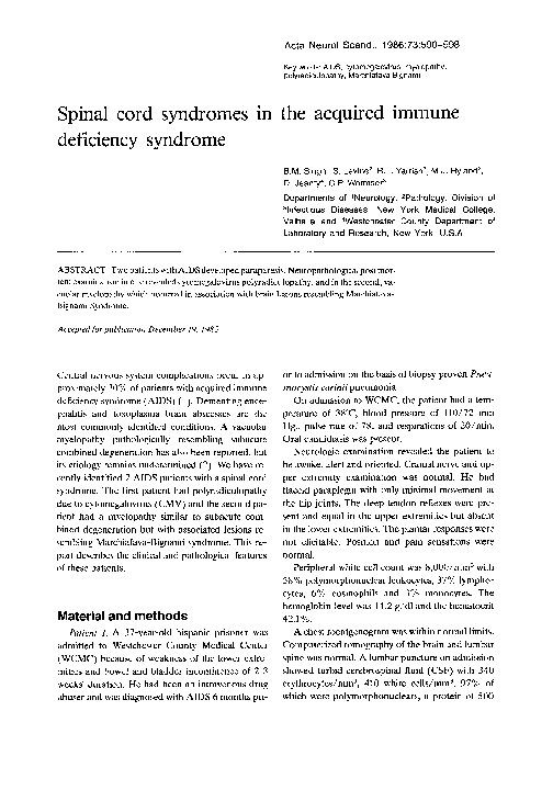 (PDF) Spinal cord syndromes in the acquired immune deficiency syndrome