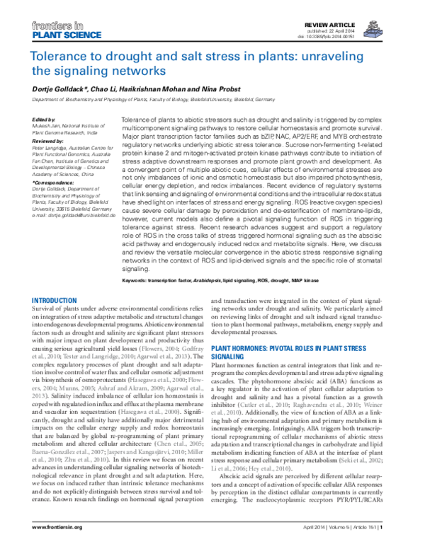(PDF) Tolerance to drought and salt stress in plants: unraveling the ...