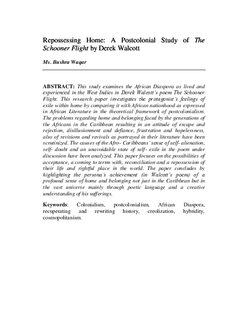 Pdf Repossessing Home A Postcolonial Study Of The Schooner Flight By Derek Walcott Scholar Pakistan Academia Edu