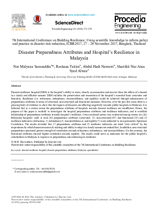 Pdf Disaster Preparedness Attributes And Hospital S Resilience In Malaysia Prof Ts Dr Roshana Takim And Nor Malyana Samsuddin Academia Edu