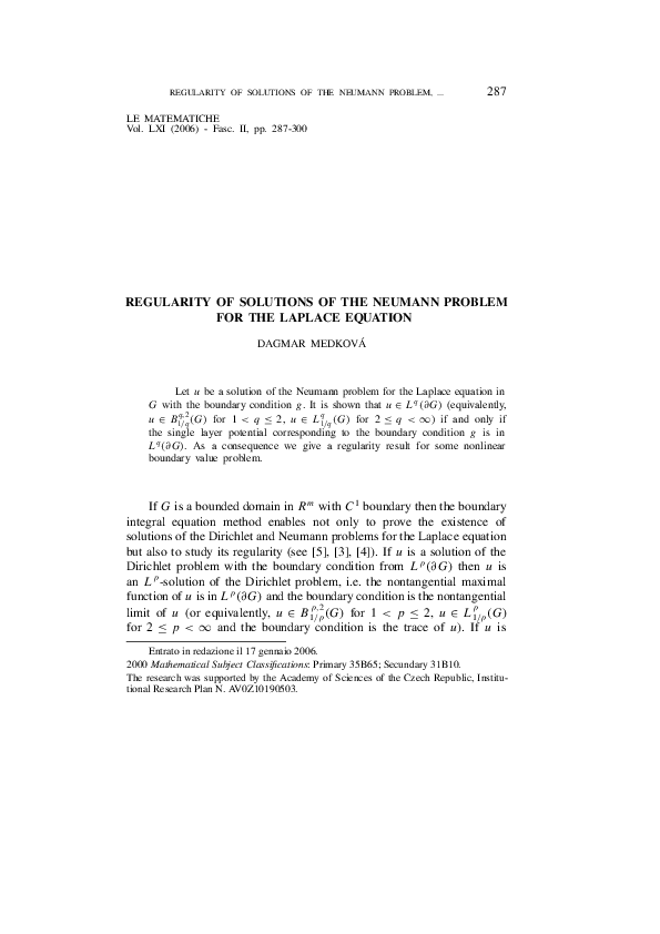 (PDF) REGULARITY OF SOLUTIONS OF THE NEUMANN PROBLEM FOR THE LAPLACE ...