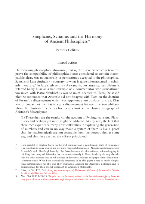 (PDF) Simplicius, Syrianus and the harmony of ancient philosophers