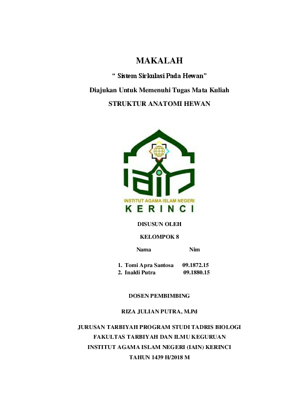 (DOC) MAKALAH " Sistem Sirkulasi Pada Hewan " | TOMI APRA SANTOSA TOMI
