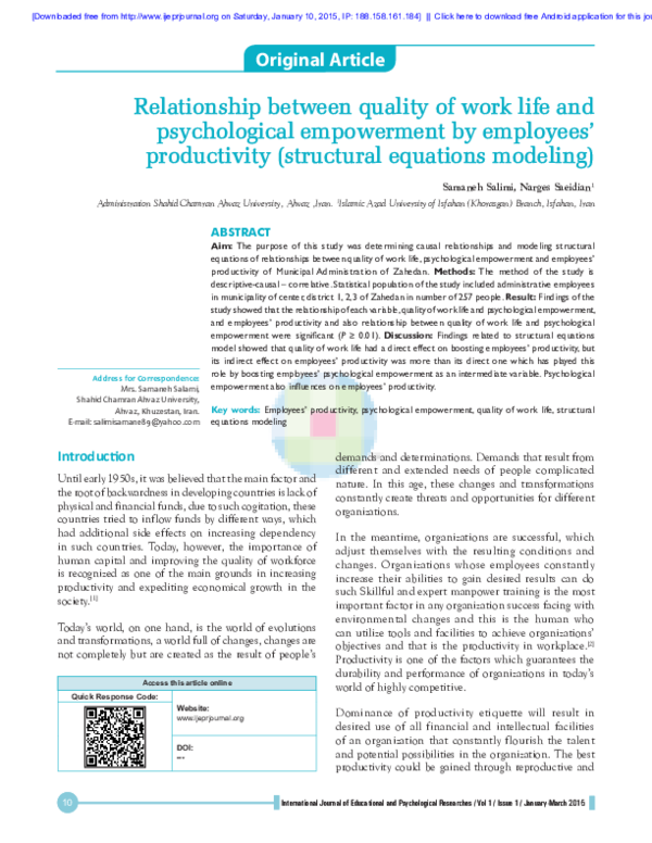 (PDF) Relationship between quality of work life and psychological ...