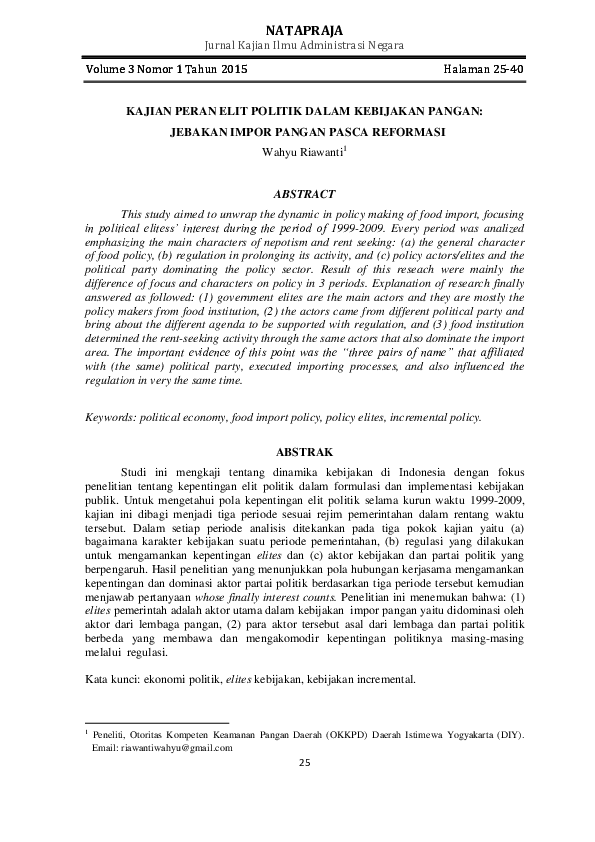 (PDF) Kajian Peran Elit Politik dalam Kebijakan Pangan Studi Kasus