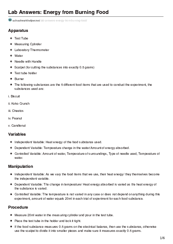 (PDF) Lab Answers Energy from Burning Food