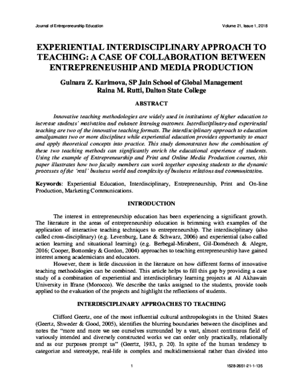 (PDF) EXPERIENTIAL INTERDISCIPLINARY APPROACH TO TEACHING: A CASE OF ...