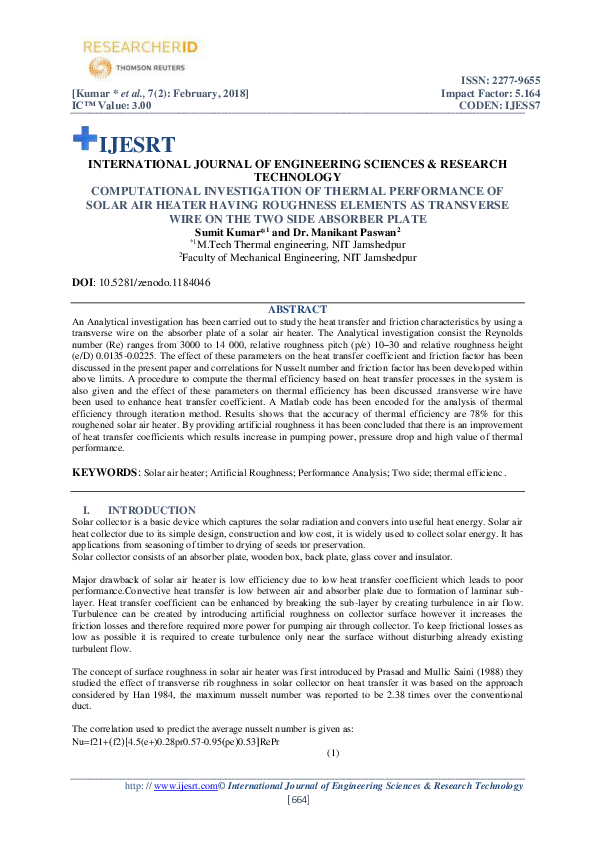 (PDF) COMPUTATIONAL INVESTIGATION OF THERMAL PERFORMANCE OF SOLAR AIR ...