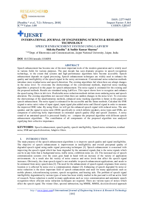 (PDF) SPEECH ENHANCEMENT SYSTEM USING LABVIEW IJESRT Journal