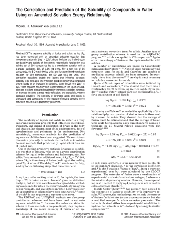 (PDF) The correlation and prediction of the solubility of compounds in ...