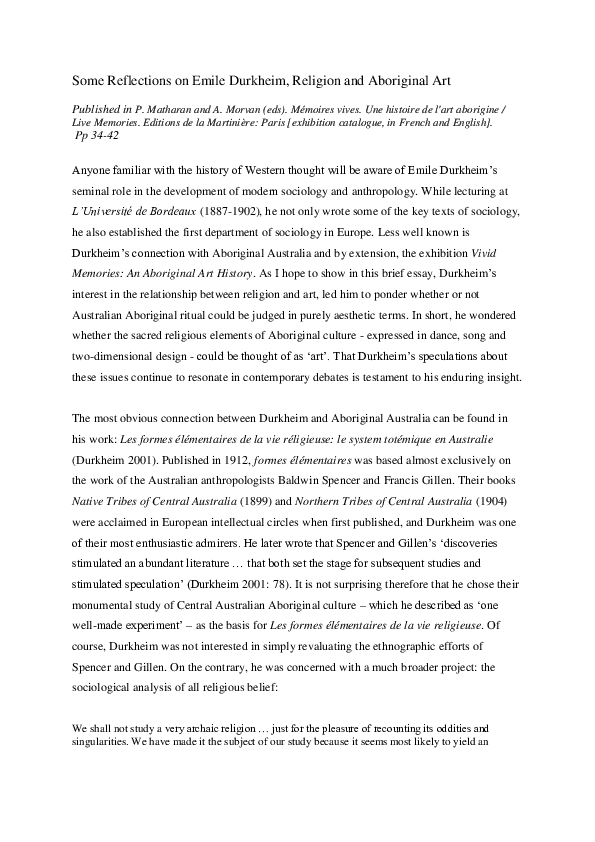  pdf some reflections on emile durkheim religion and aboriginal art
