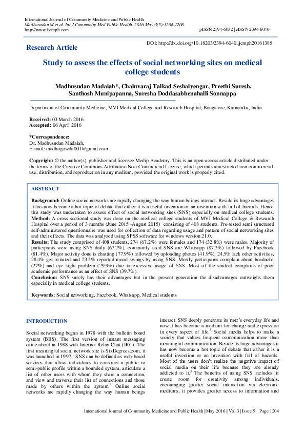 (PDF) Study to assess the effects of social networking sites on medical ...