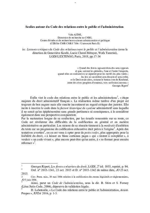 (PDF) Scolies autour du Code des relations entre le public et l'administration Vida AZIMI (PDF) Scolies autour du Code des relations entre le public et l'administration Vida AZIMI