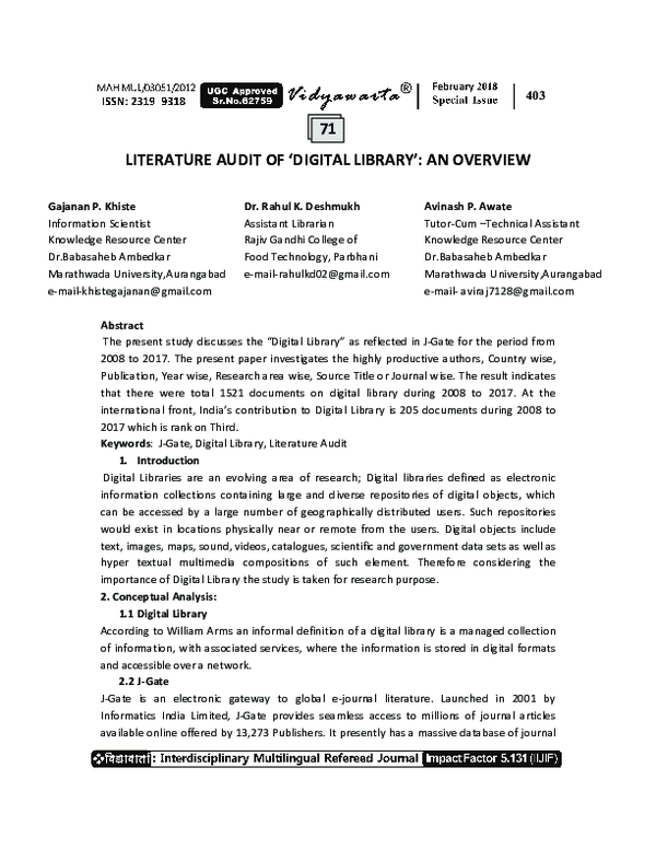 (PDF) LITERATURE AUDIT OF 'DIGITAL LIBRARY': AN OVERVIEW