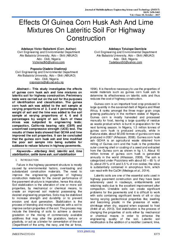 (PDF) Effects Of Guinea Corn Husk Ash And Lime Mixtures On Lateritic