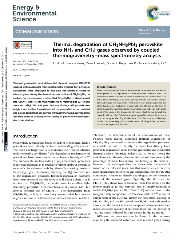 (PDF) Thermal degradation of CH 3 NH 3 PbI 3 perovskite into NH 3 and ...