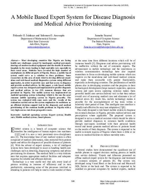 (PDF) A Mobile Based Expert System for Disease Diagnosis and Medical ...