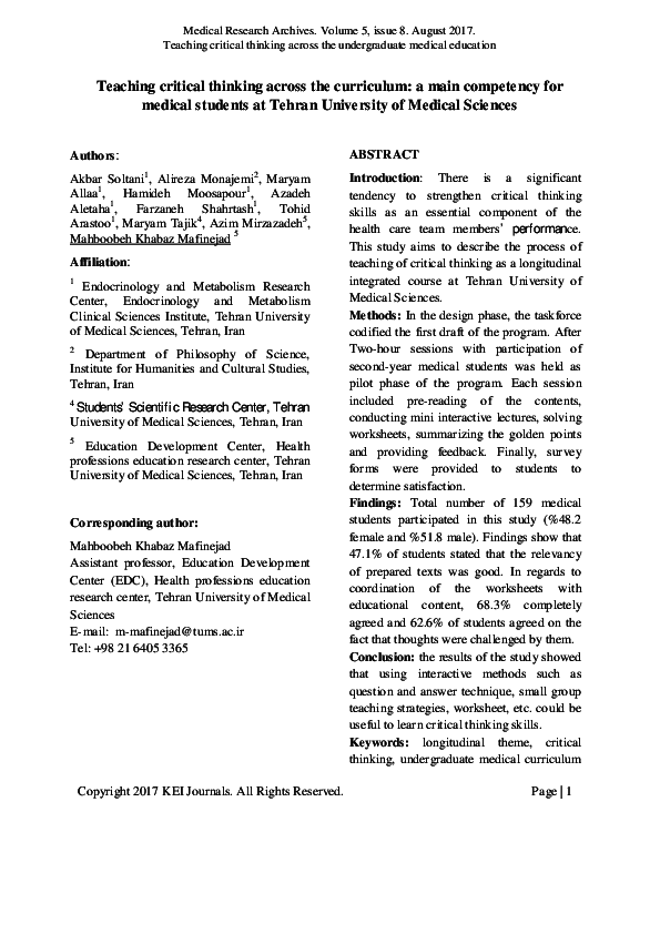 (PDF) Teaching critical thinking across the curriculum: a main ...