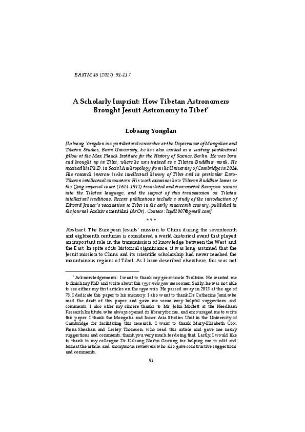 (PDF) A Scholarly Imprint How Tibetan Astronomers Brought Jesuit