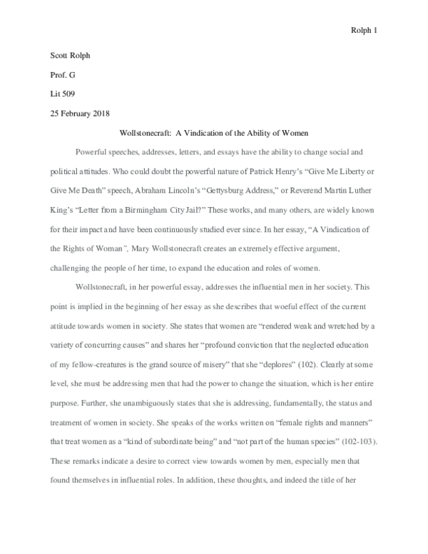 (PDF) Wollstonecraft and the Vindication of Women Scott Rolph