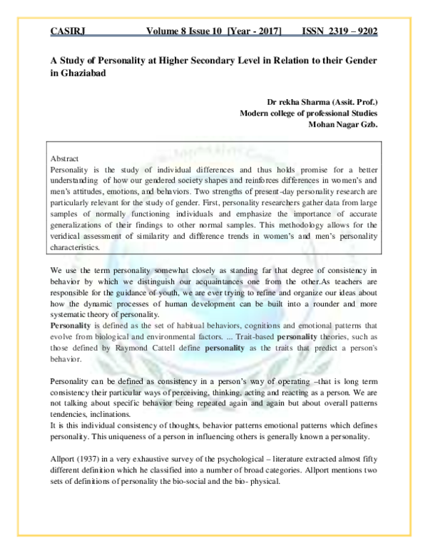 (PDF) A Study of Personality at Higher Secondary Level in Relation to ...