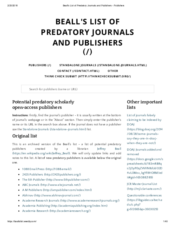 PDF) Beall&rsquo;s List of Predatory Publishers