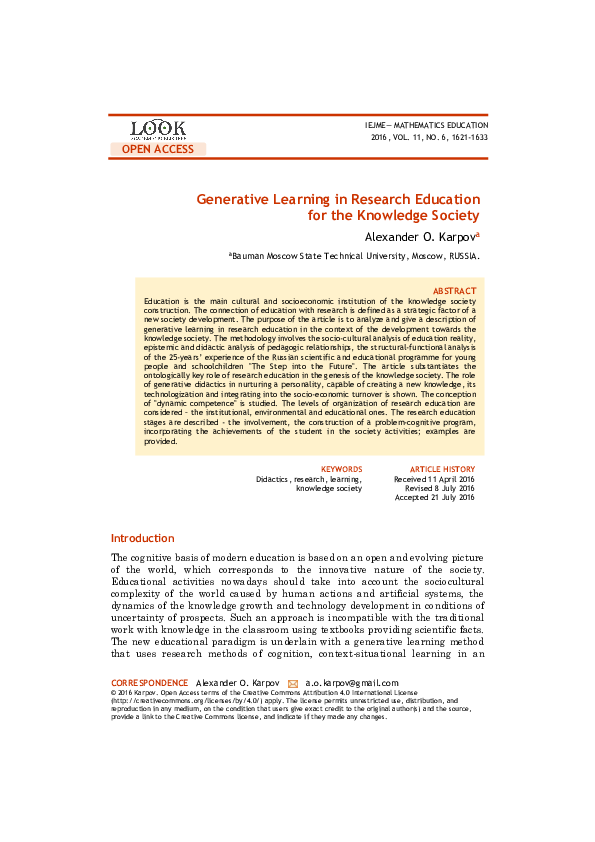 (PDF) Generative Learning in Research Education for the Knowledge Society