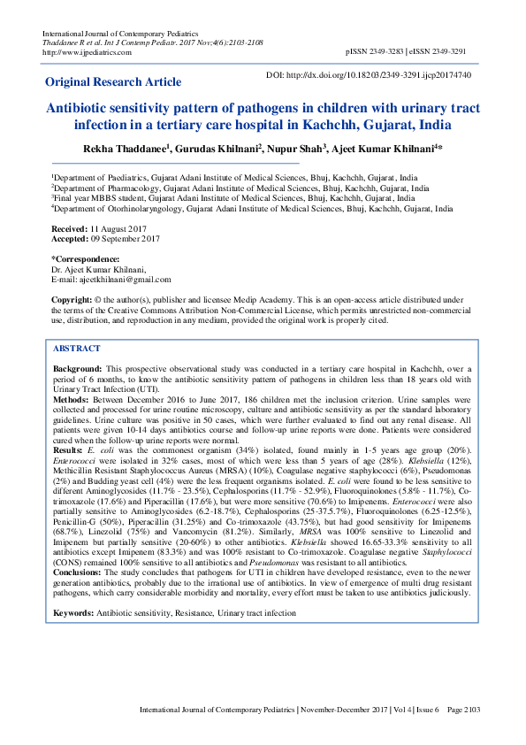 (PDF) Antibiotic sensitivity pattern of pathogens in children with ...