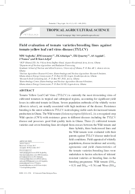 (PDF) Field evaluation of tomato varieties/breeding lines against ...