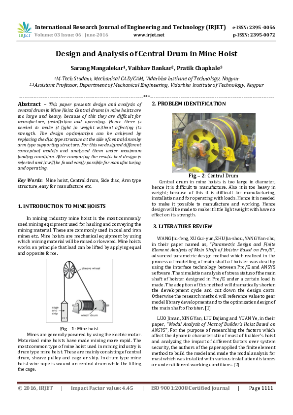(PDF) Design and Analysis of Central Drum in Mine Hoist Sarang B