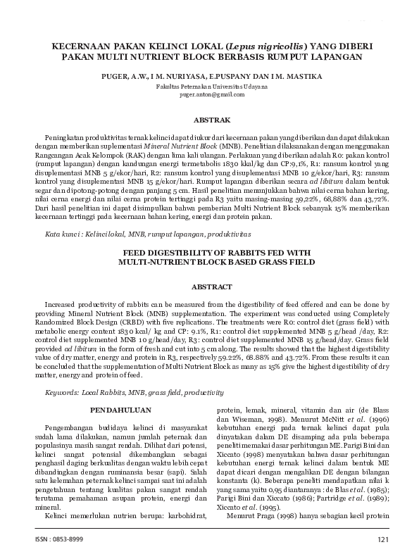 (PDF) KECERNAAN PAKAN KELINCI LOKAL (Lepus nigricollis) YANG DIBERI ...