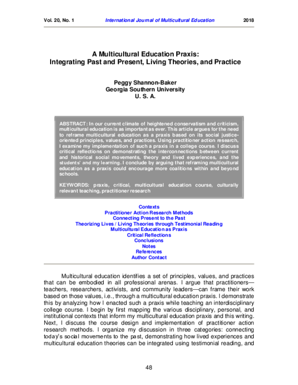 (PDF) A Multicultural Education Praxis: Integrating Past and Present ...