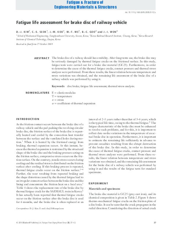 (PDF) Fatigue life assessment for brake disc of railway vehicle