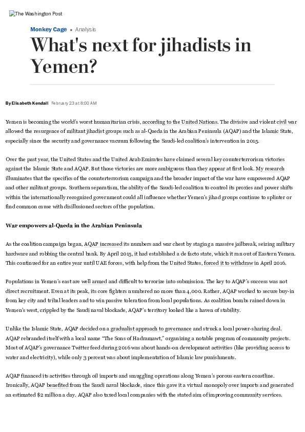 Washington Post - Elisabeth Kendall "What's Next for Jihadists in Yemen?" (23 Feb 2018)