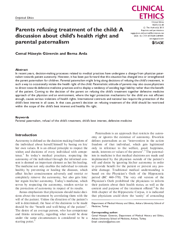 (PDF) Parents refusing treatment of the child: A discussion about child ...