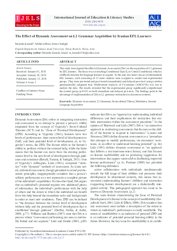 (PDF) The Effect of Dynamic Assessment on L2 Grammar Acquisition by ...