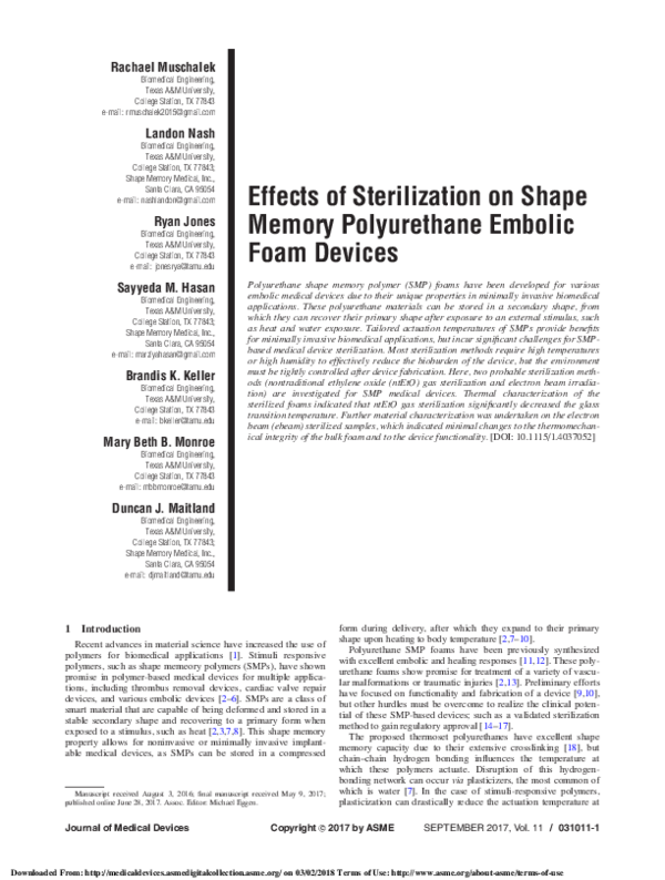 (PDF) Effects of Sterilization on Shape Memory Polyurethane Embolic ...