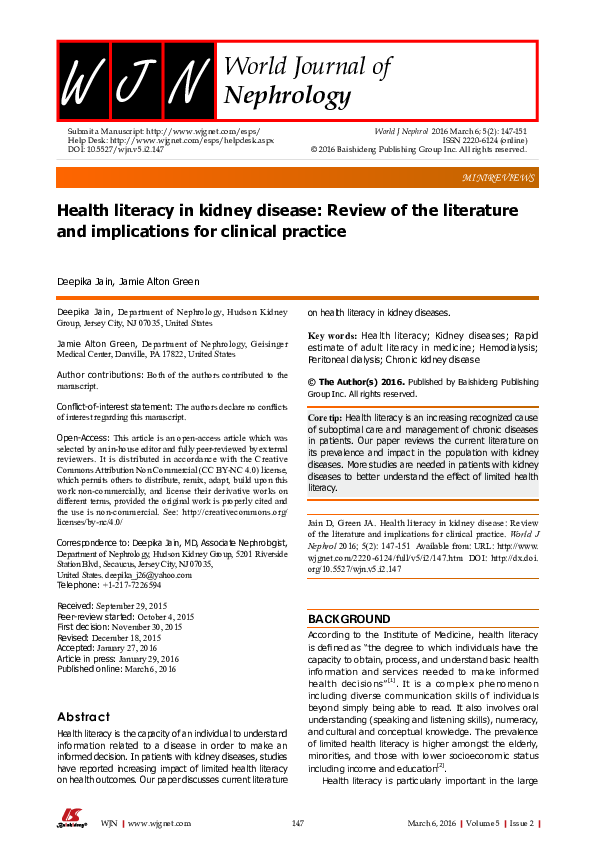 (PDF) Health literacy in kidney disease: Review of the literature and ...