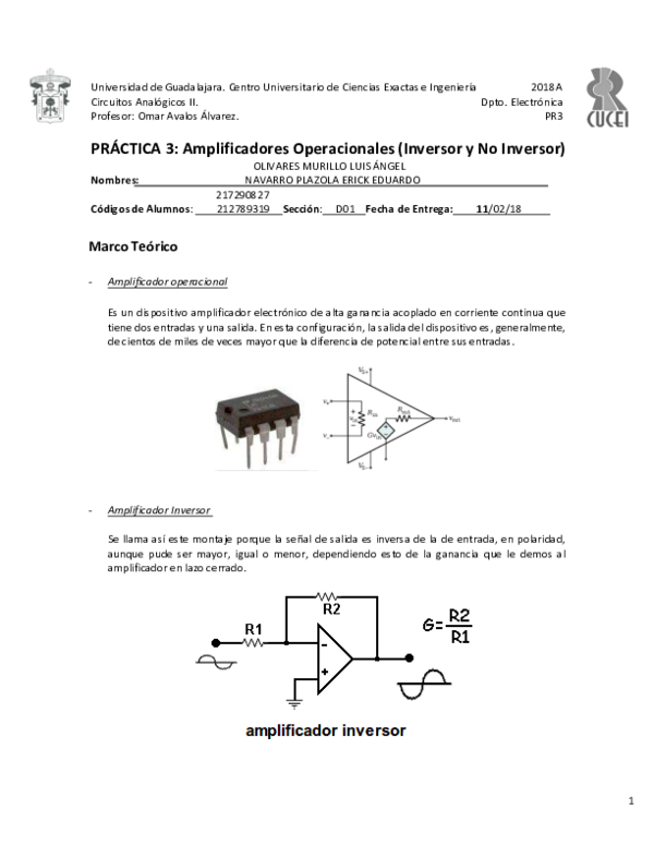 (PDF) PRÁCTICA 3: Amplificadores Operacionales (Inversor y No Inversor