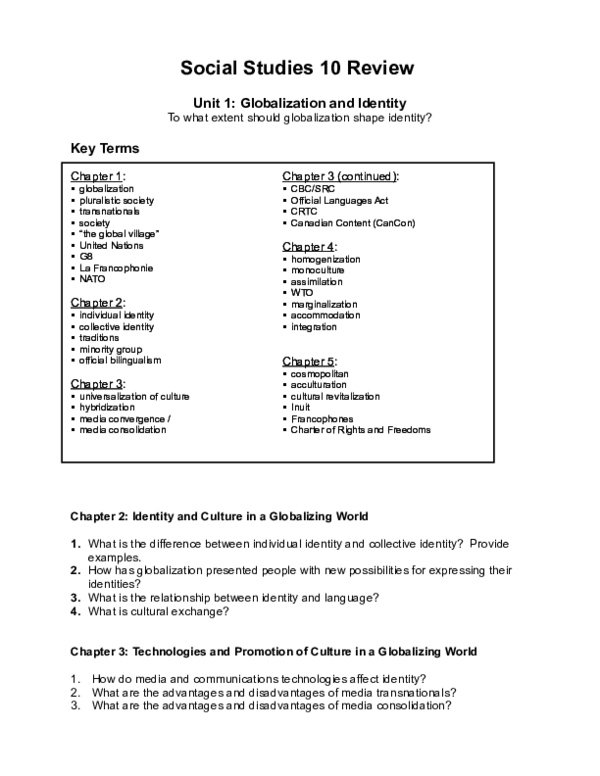 (DOC) Social Studies 10 Review Unit 1: Globalization and Identity Key ...