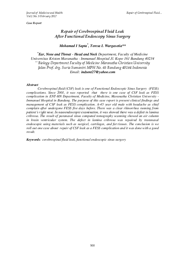(PDF) Repair of Cerebrospinal Fluid Leak After Functional Endoscopy