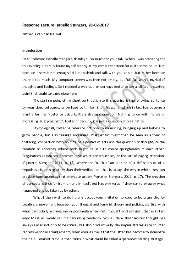 (DOC) Response Lecture Isabelle Stengers, 28-02-2017