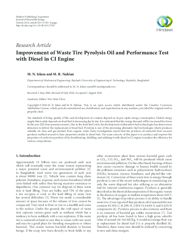 (PDF) Improvement of Waste Tire Pyrolysis Oil and Performance Test with ...