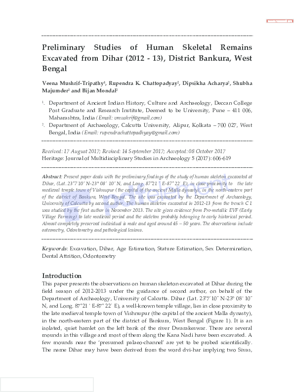 Preliminary Studies of Human Skeletal Remains Excavated from Dihar (2012 ‐ 13), District Bankura, West Bengal