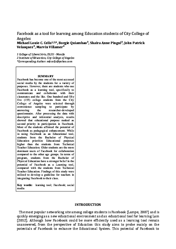 (PDF) Facebook as a tool for learning among Education students of City ...