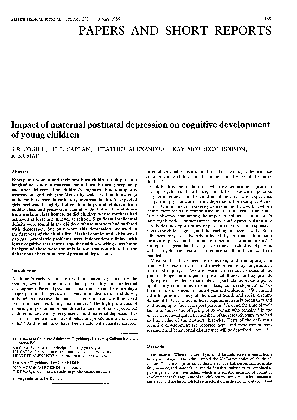 (PDF) Impact of maternal postnatal depression on cognitive development ...