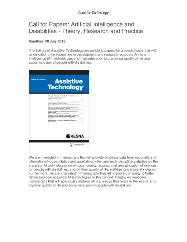 (PDF) Call for Papers: Artificial Intelligence and Disabilities ...
