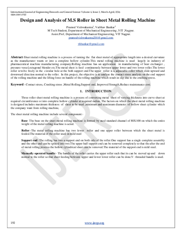 (PDF) Design and Analysis of M.S Roller in Sheet Metal Rolling Machine