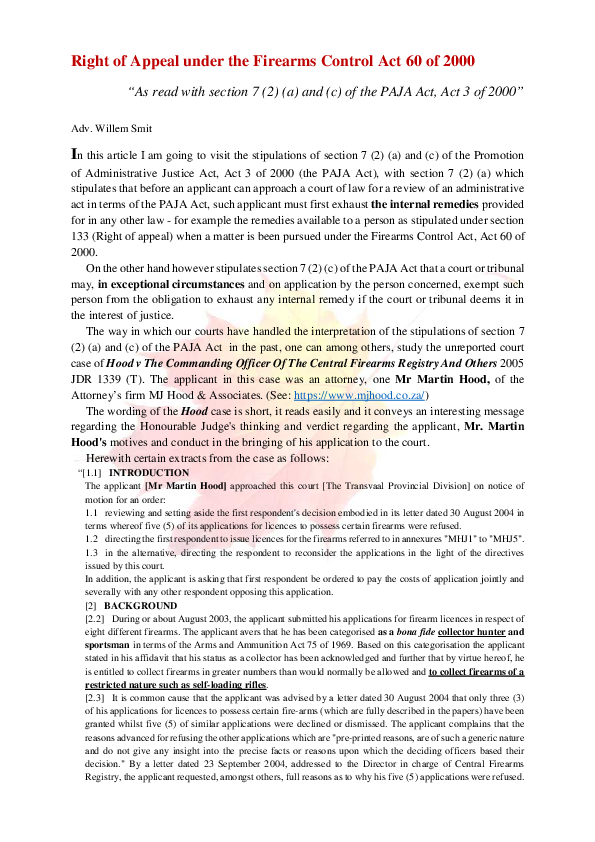 (PDF) Right of Appeal under the Firearms Control Act 60 of 2000 " As